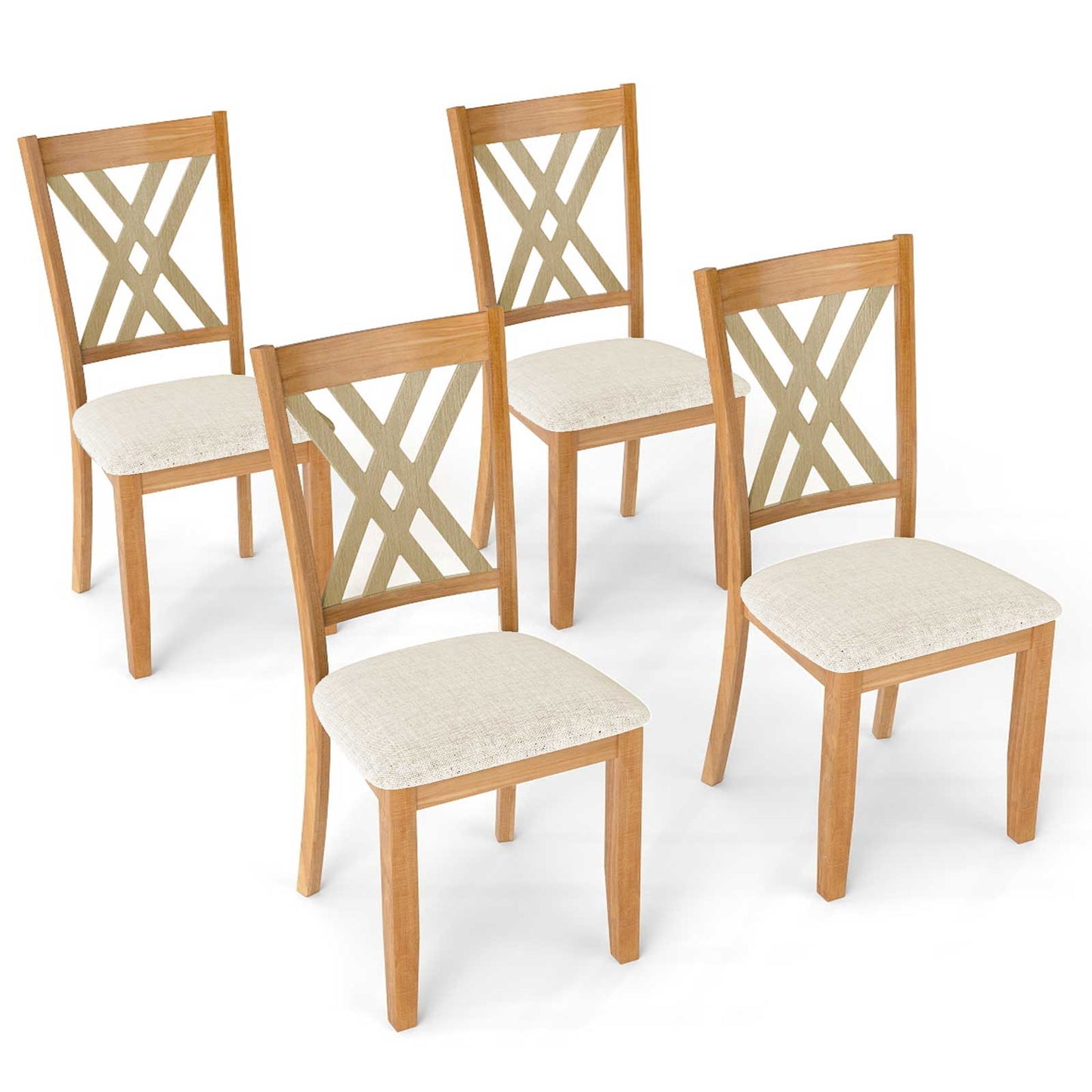 Linen Fabric Upholstered Wooden Dining Chair Set of 4 with Rubber Wood Frame for Dining Room