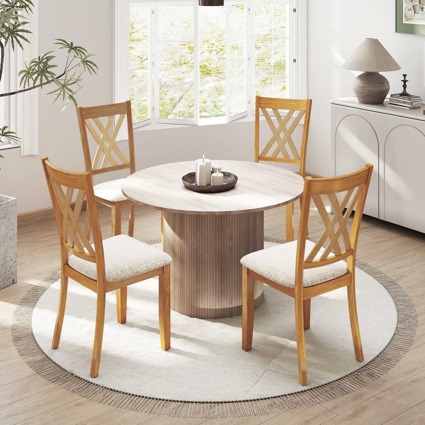 Linen Fabric Upholstered Wooden Dining Chair Set of 4 with Rubber Wood Frame for Dining Room