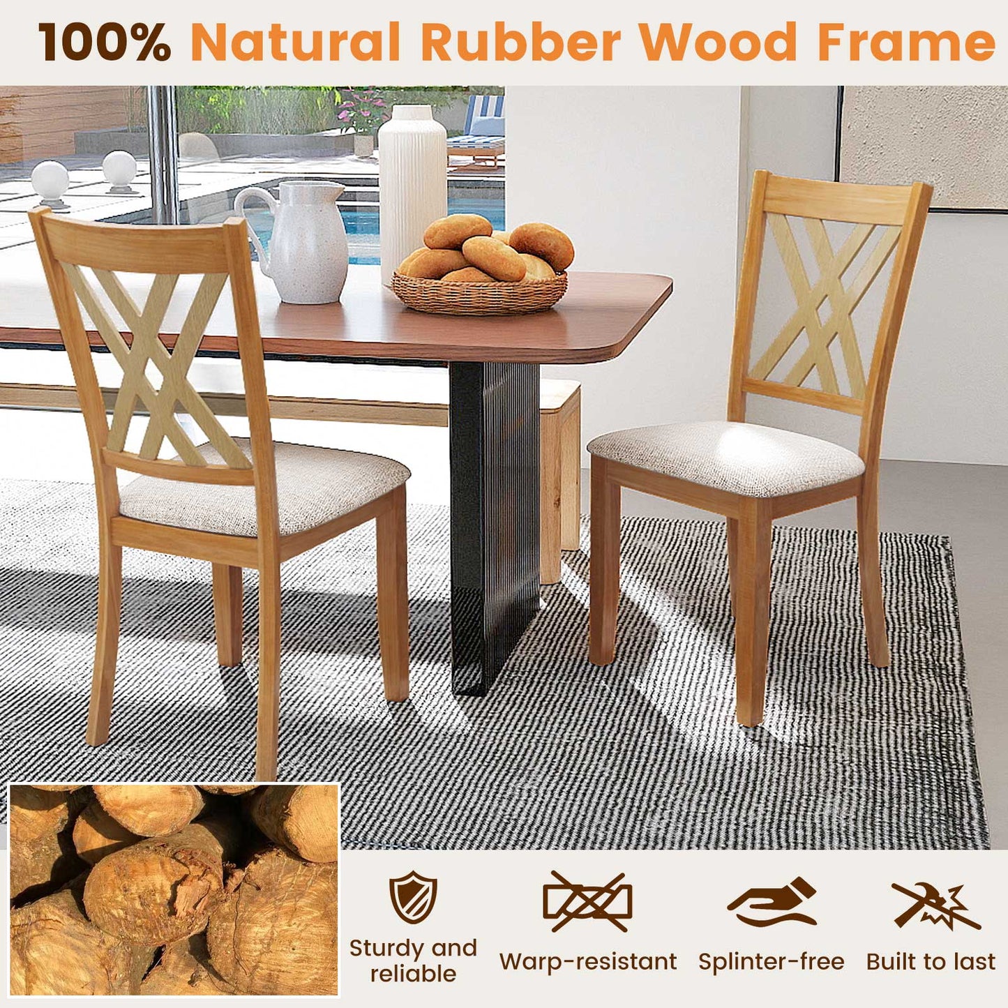 Linen Fabric Upholstered Wooden Dining Chair Set of 4 with Rubber Wood Frame for Dining Room