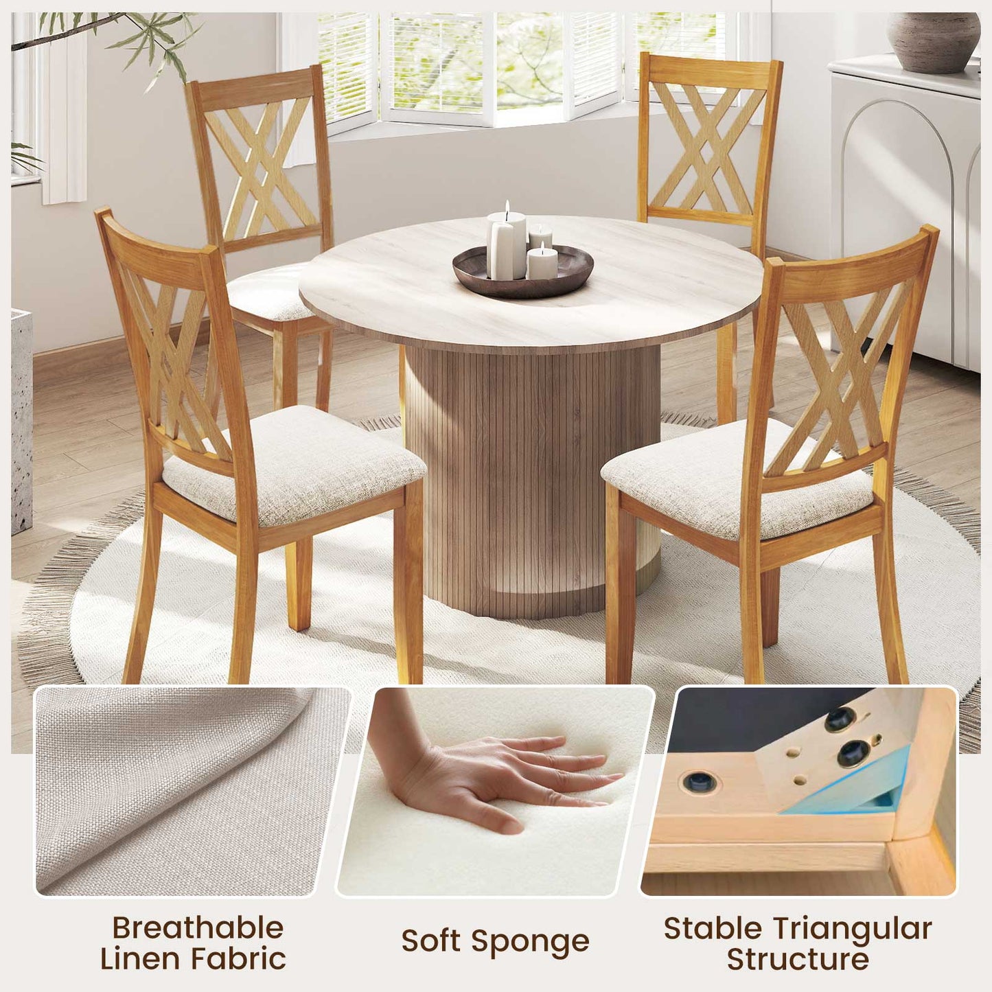 Linen Fabric Upholstered Wooden Dining Chair Set of 4 with Rubber Wood Frame for Dining Room