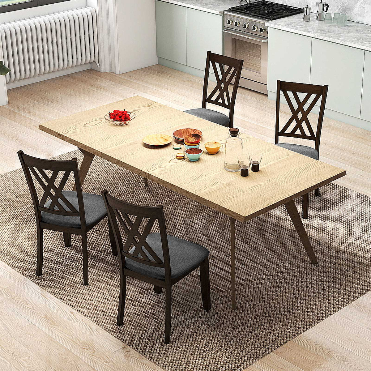 Linen Fabric Upholstered Wooden Dining Chair Set of 4 with Rubber Wood Frame for Dining Room